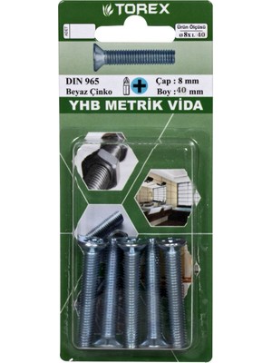 Torex Yhb Küt Uçlu Metrik Vida 8X40 mm DIN965, 1p=4 Adet