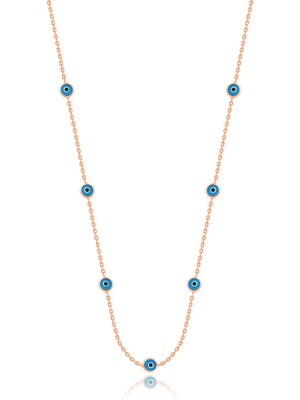 PremiumPort Şık Nazar Boncuklu Cam Göz Gümüş Zincir Kadın Kolye Rose 925 Ayar