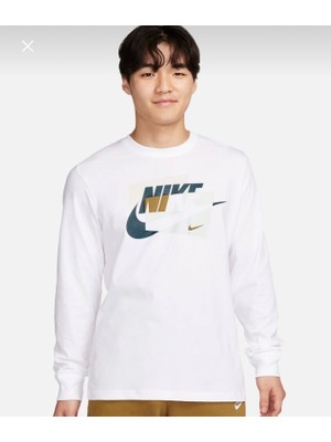 Nike Long Sleeve White Cotton Graphic Print T-Shirt Beyaz Erkek Uzun Kollu T-Shirt FJ1077-100