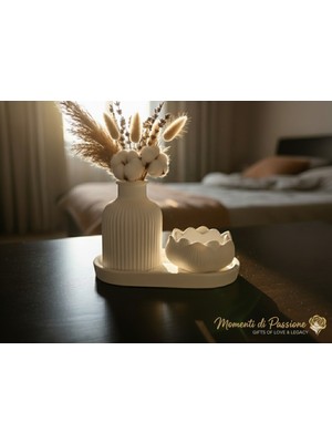 Momenti Di Passione Dekoratif 3'lü Set - Beyaz Fitilli Vazo, Modern Biblo ve Oval Sunum Tepsisi - Ev Hediyesi ve Oda Dekorasyonu