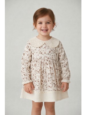 Çiçek Baskılı Yakası Dantelli Bebek Çocuk Elbise