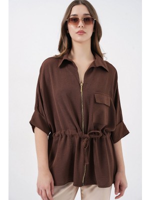 Queene Dreams Fermuarlı Gömlek 0721 - Kahverengi