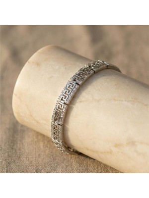 Geometrik Desenli Taşlı Bileklik - Gümüş Rengi Kaplama, 17+2 cm