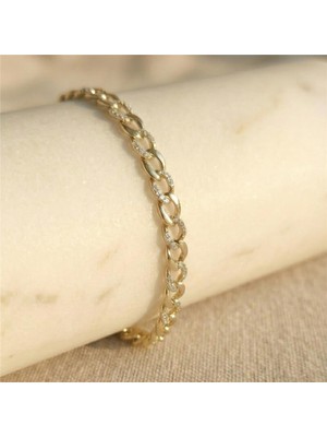 Zeino Küba Zincir Zirkon Taşlı Bileklik - 14K Altın Kaplama - 17+2 cm