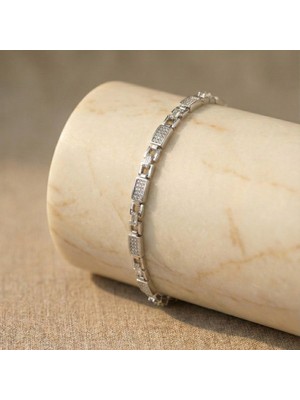 Dikdörtgen Taş Detaylı Bileklik - Gümüş Rengi Kaplama, 16+2 cm