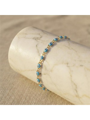 Mavi Nazar Boncuk Detaylı Bileklik - 14K Altın Rengi Kaplama, 18+3 cm