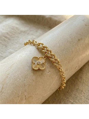 Yonca Charm Küba Zincir Bileklik - 14K Altın Rengi Kaplama, 17+3 cm