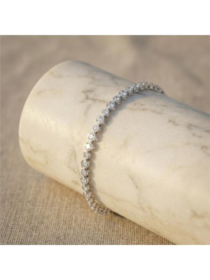 Zeino Tek Sıra Taşlı Çelik Bileklik - Beyaz Altın Kaplama - 17+2 cm