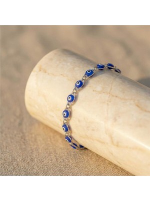 Mavi Nazar Boncuk Bileklik - Gümüş Rengi Kaplama, 18+3 cm
