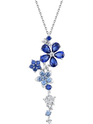PremiumPort Parlak Safir ve Pırlanta Detaylı Çiçek Temalı Gümüş Kolye