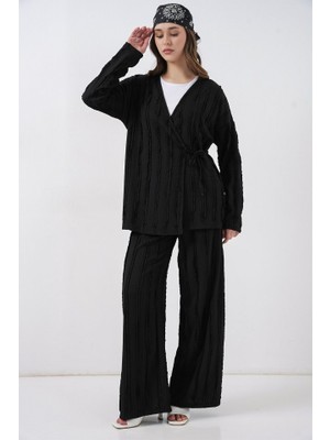 Queene Dreams Örme Kimono Pantolon Ikili Takım 30067 - Siyah