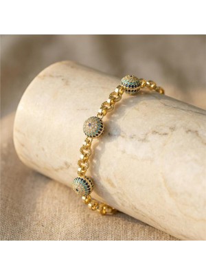 Nazar Boncuklu Zincir Bileklik - 14K Altın Rengi Kaplama, 17+3 cm