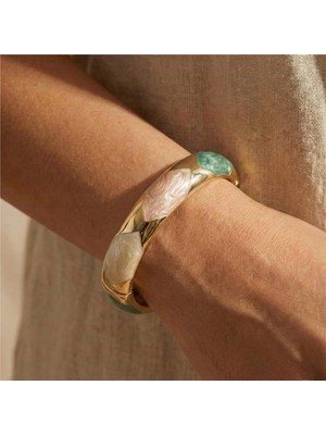 Krem Turkuaz Kahve Sedef Detaylı Kelepçe Bilezik – 14K Altın Rengi, 6 cm Çap