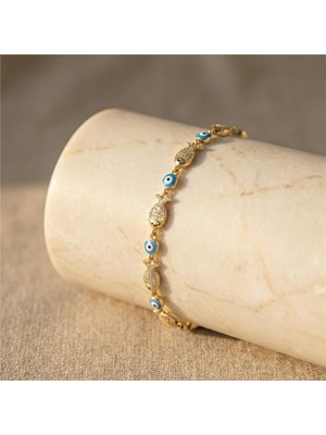 Balık Figürlü Nazar Boncuklu Bileklik - 14K Altın Rengi Kaplama, 16+2 cm