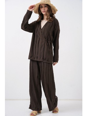 Queene Dreams Örme Kimono Pantolon Ikili Takım 30067 - Kahverengi