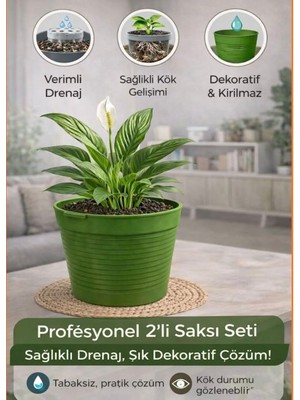 Akıllı 2'li Saksı Seti - Yeşil Dekoratif Saksı + Şeffaf Üretim Saksısı | Drenajlı, Kırılmaz