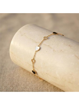 Siyah ve Altın Renk Kalp Detaylı Bileklik - 14K Altın Rengi Kaplama, 17+3 cm