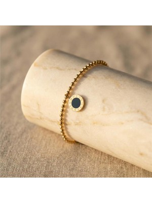 Siyah Yuvarlak Madalyon Detaylı Bileklik - 14K Altın Rengi Kaplama, 17+3 cm