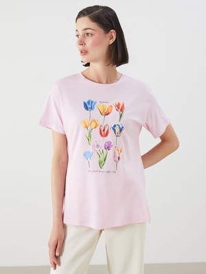 Lc Waikiki Yeni Sezon Bisiklet Yaka Baskılı Kadın Tişört