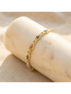 Renkli Nazar Boncuklu Bileklik - 14K Altın Rengi Kaplama, 19+3 cm