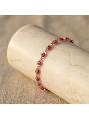 Kırmızı Nazar Boncuk Bileklik - Gümüş Rengi Kaplama, 18+3 cm
