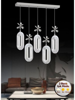 Litra Lighting Eclipse Model 5"li Gümüş 3 Renk Modu Yemek Masası Oturma Çocuk Yatak Odası Modern Ledli Avize