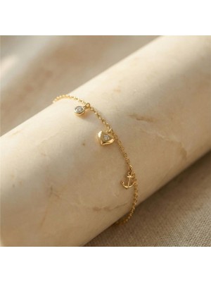 Kalp ve Çapa Zirkon Taşlı Charm Bileklik - 14K Altın Rengi Kaplama, 17+3 cm