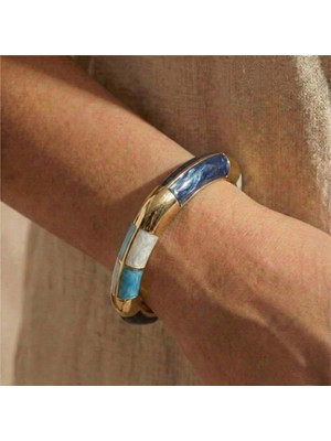 Lacivert Mavi Turkuaz Sedef Detaylı Kare Kelepçe Bilezik – 14K Altın Rengi, 5,6 cm Çap