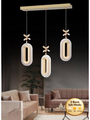 Litra Lighting Eclipse Model 3"lü Gold 3 Renk Modu Yemek Masası Oturma Çocuk Yatak Odası Modern Ledli Avize