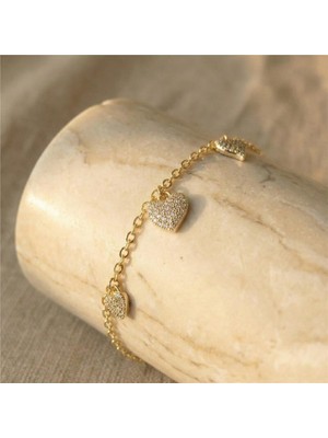Zeino Zirkon Taşlı Üç Kalpli Charm Bileklik - 14K Altın Kaplama - 17+3 cm