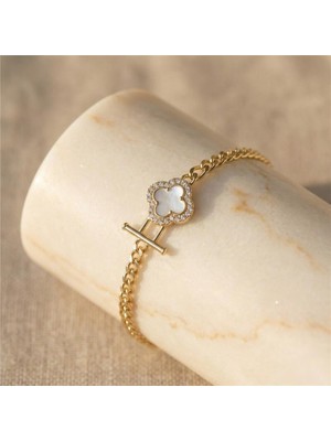 Yonca Figürlü Zincir Bileklik - 14K Altın Rengi Kaplama, 16+3 cm