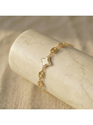 Yıldız Motif Zirkon Taşlı Bileklik - 14K Altın Rengi Kaplama, 17+3 cm