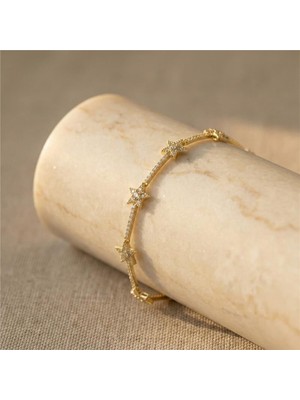 Yıldız Zirkon Taşlı Bileklik - 14K Altın Rengi Kaplama, 17 cm