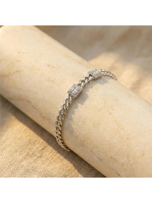 Ikili Kare Taşlı Zincir Bileklik - Gümüş Rengi Kaplama, 16+2 cm