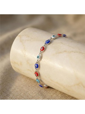 Renkli Nazar Boncuk Detaylı Bileklik - Gümüş Rengi Kaplama, 18+3 cm