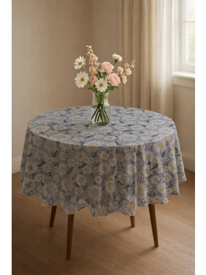 Rona Home Gri Papatya Desenli Yuvarlak Masa Örtüsü Leke Tutmaz Kaliteli Kumaş Dekoratif Mutfak Salon Örtüsü