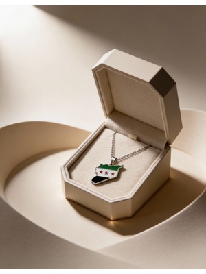 Zaytoon Suriye Haritası Içinde Bayrak Paslanmaz Gümüş Kaplamalı Zinciri Unisex Kolye J300027