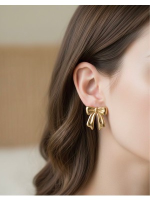 Suzi Shine Gold Fiyonk Kurdele Çelik Küpe