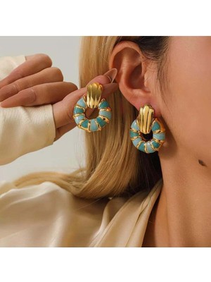 PremiumPort Şık Mavi Çizgili Daire Çelik Küpe, Modern ve Zarif Takı Tasarımı