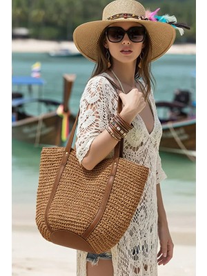 Oval Deri Tabanlı Deri ve Hasır Saplı Çıtçıtlı Astarlı Yumuşak Sahil Plaj Beach Ithal Hasır Çanta
