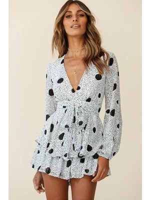 Elbise Görünümlü Kemerli V Yaka Yazlık Sahil Şifon Şort Tulum Puantiyeli Kırık Beyaz
