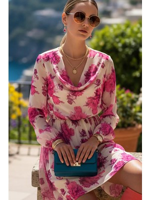 Fashion Cocktail Çiçekli Desenli Küçük Degajeli Şifon Lastik Kollu Yazlık Uçuşan Elbise Koyu Pembe