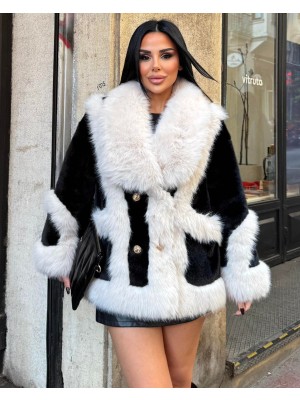 Rabiossa Kadın Siyah Beyaz Blok Renkli  Kürk Ceket