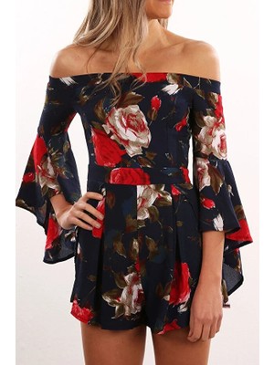 Çiçekli Lastikli Düşük Omuz Ispanyol Kol Minik Yan Yırtmaçlı Şort Tulum Lacivert
