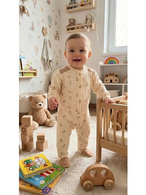 moon Krem Ayı Deseneli Bebek Tulum