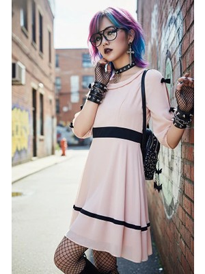 Fashion Cocktail Fiyonk Kollu Romantik Gotik Emo Harajuku Şifon Kadın Vintage Elbise Pudra