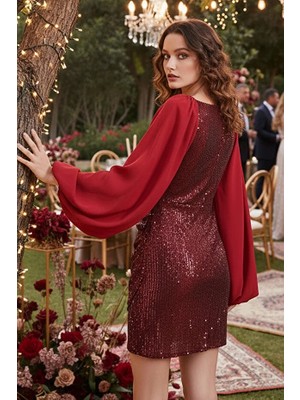 Fashion Cocktail Payetli Pullu Balon Şifon Kol Yuvarlak Yaka Mini Düğün Nişan Davet Abiye Elbise Kırmızı