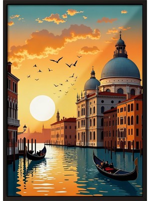 Zestia Siyah Çerçeveli Duvar Tablosu Venedik Gün Batımı ve Gondol Manzarası Salon Dekoru