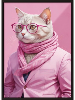 Zestia Siyah Çerçeveli Duvar Tablosu Pembe Takımlı Kedi Portresi – Gözlüklü Modern Stil Salon Dekoru