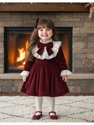 Bordo Çocuk Kadife Elbise Bayramlık Elbise Şık Elbise